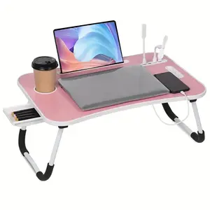 Modern Laptop Desk - Portable Foldable Bed Table with USB Charge Port Storage Drawer & Cup Holder for Eating Reading Working on Sofas or Floors
