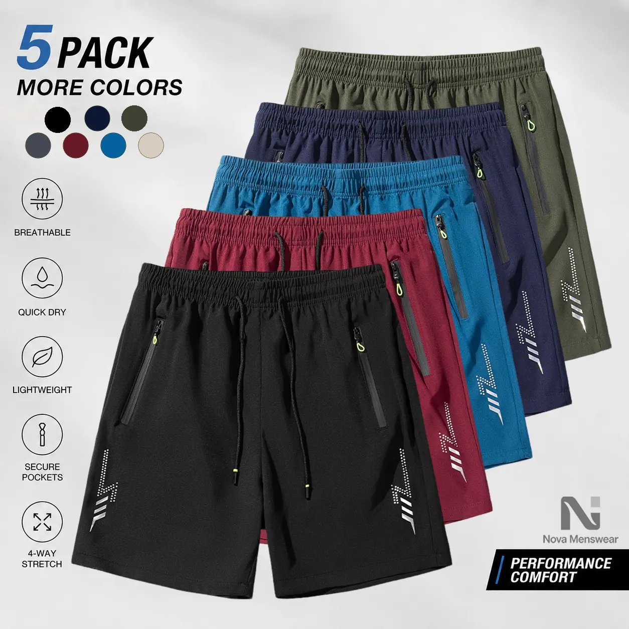 Men's 5-Pack Graphic Athletic Shorts, Streetwear Style with Quick-Dry High Stretch Fabric, Zipper Pockets & Drawstring for Gym & Summer, Drawstring Active Shorts, Graphic Shorts