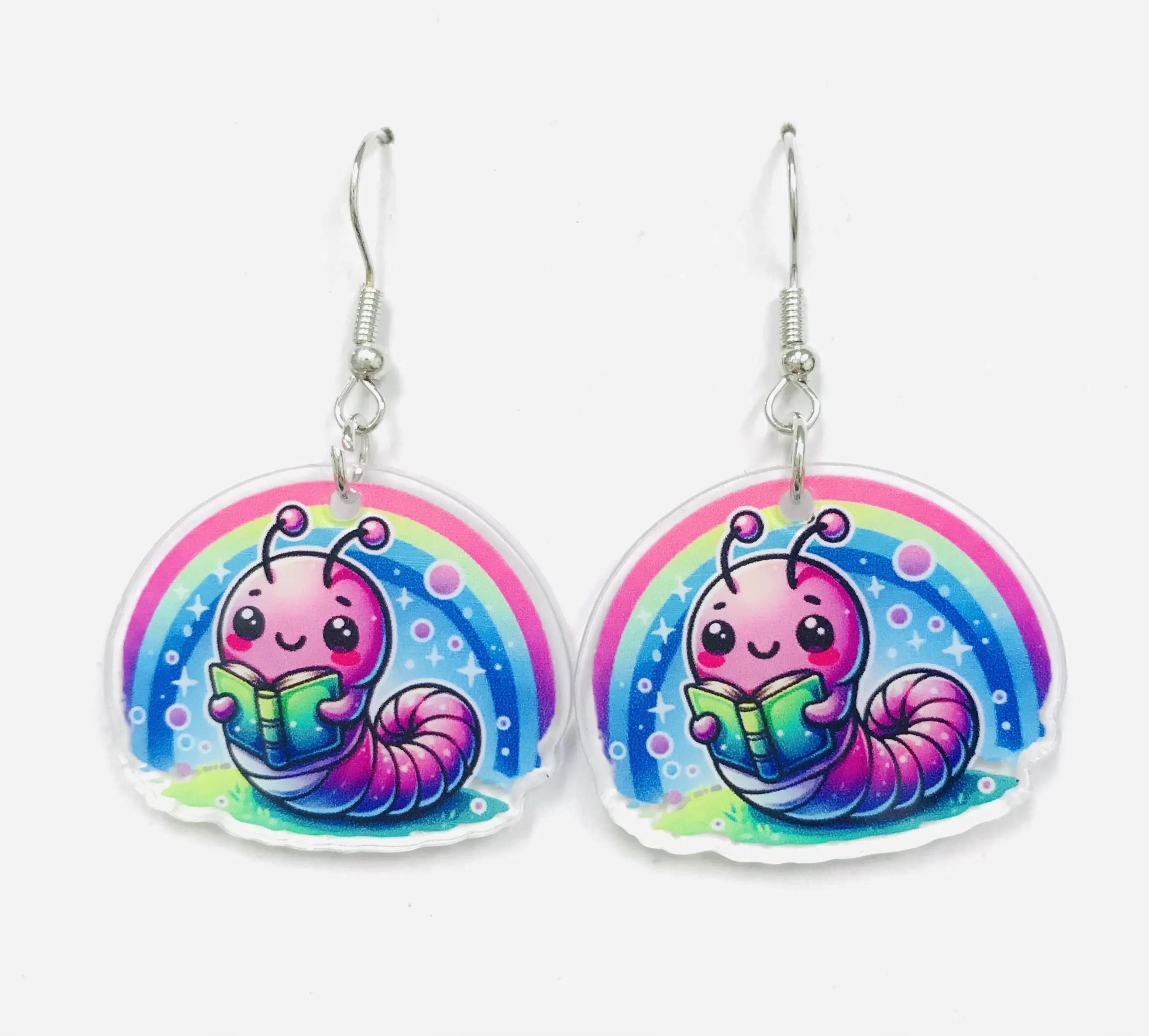 Bookworm Earrings Handmade Acrylic 25mm H x 15mm W Single Sided Jewelry