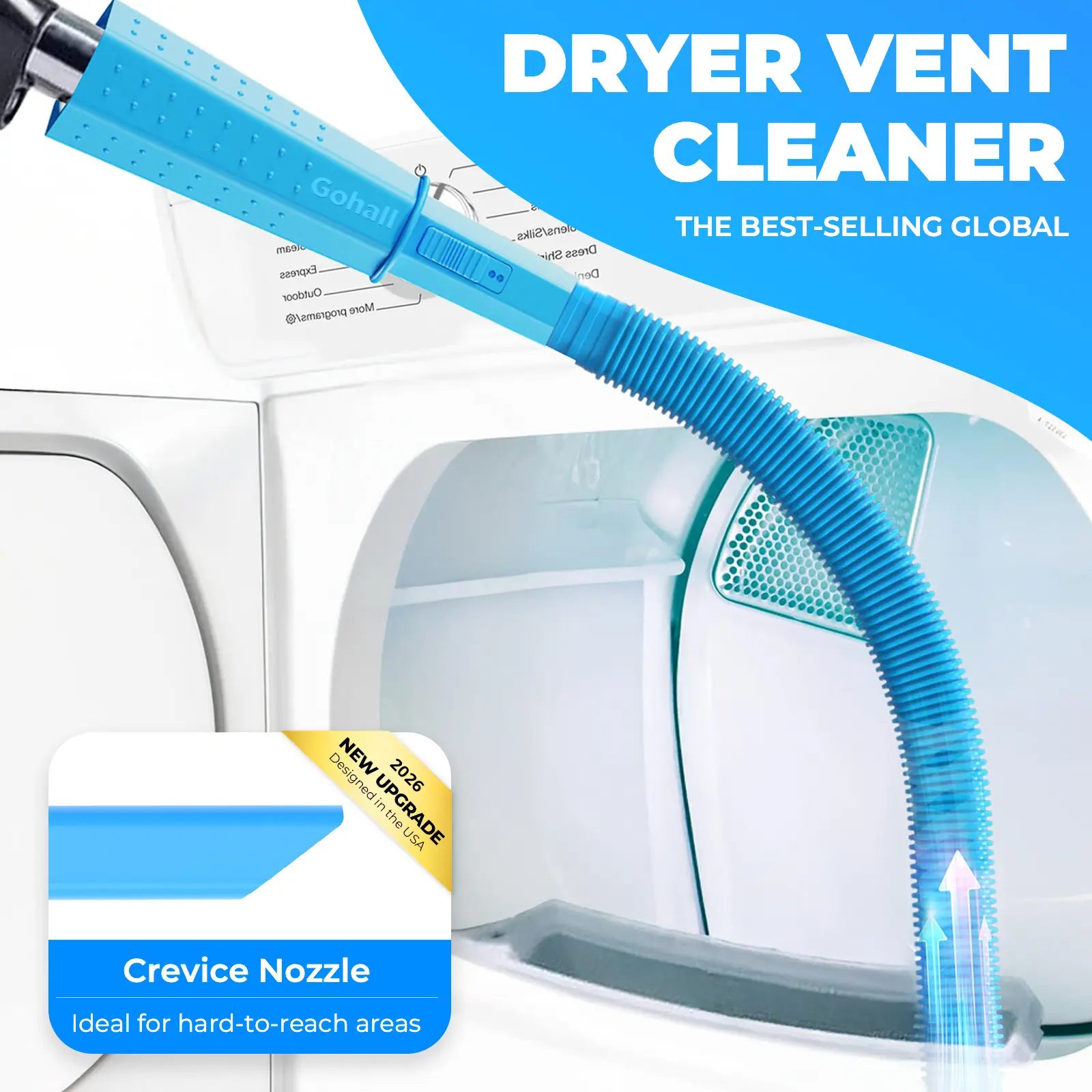 New Upgraded Blue 1 Dryer Vent Cleaner Kit (Without Brush) - Slim Crevice Nozzle Vacuum Attachment, Universal Connector for Quick Lint Removal, Cuts Lint Accumulation & Fire Hazards, Boosts Efficiency, Reaches Tight Vent Gaps