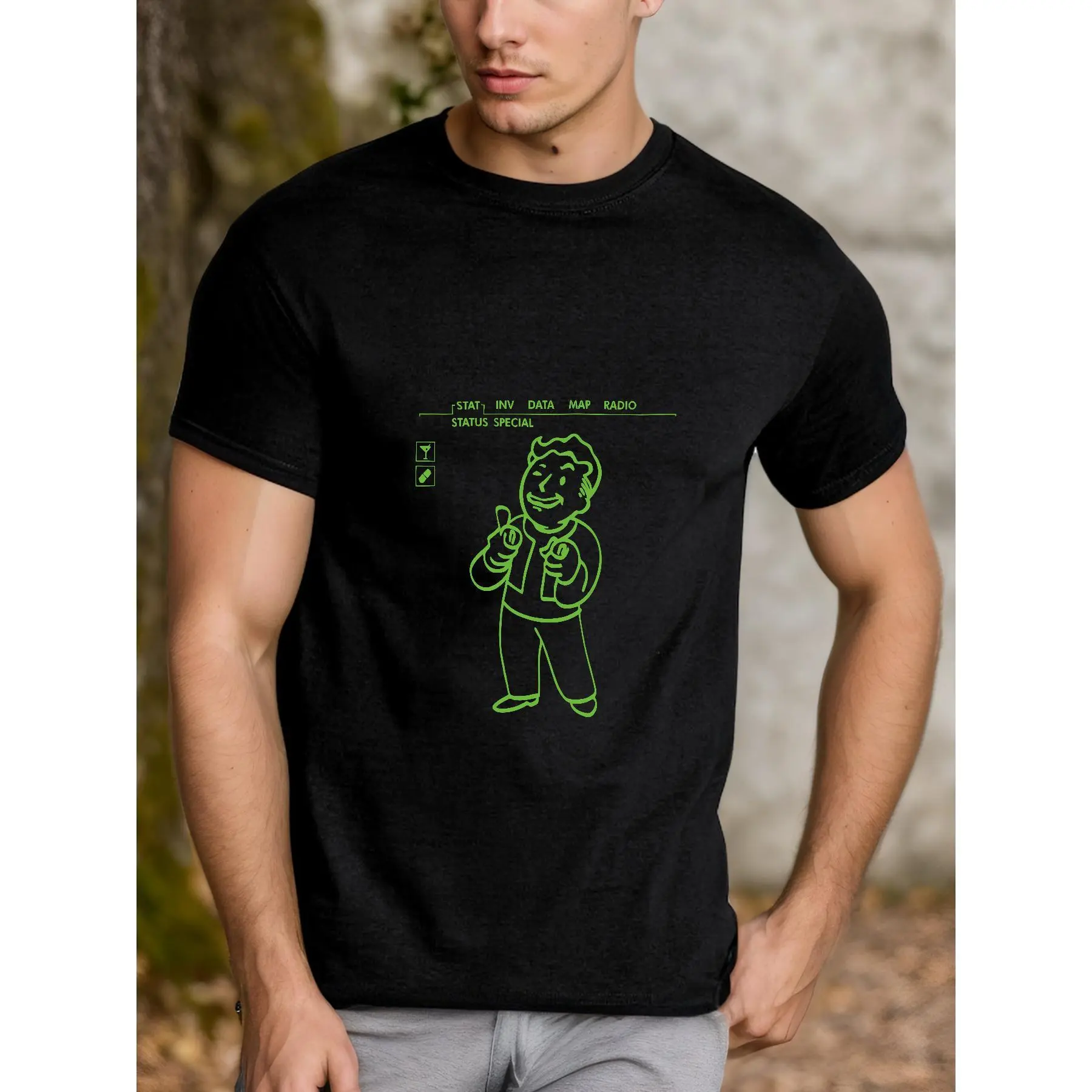 Men's Graphic T-Shirt with Fallout Vault Boy Charisma +10 Print, Breathable Cotton Short Sleeve Crew Neck for Casual Sporty Wear, Tshirt, Top, Shortsleeve, Menswear, Classic, Fabric