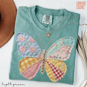 Comfort Colors Faux Patchwork Butterfly T-Shirt Printed, Spring Butterfly Shirts, Easter Shirts for Women, Floral Spring Patchwork, Gifts for Her