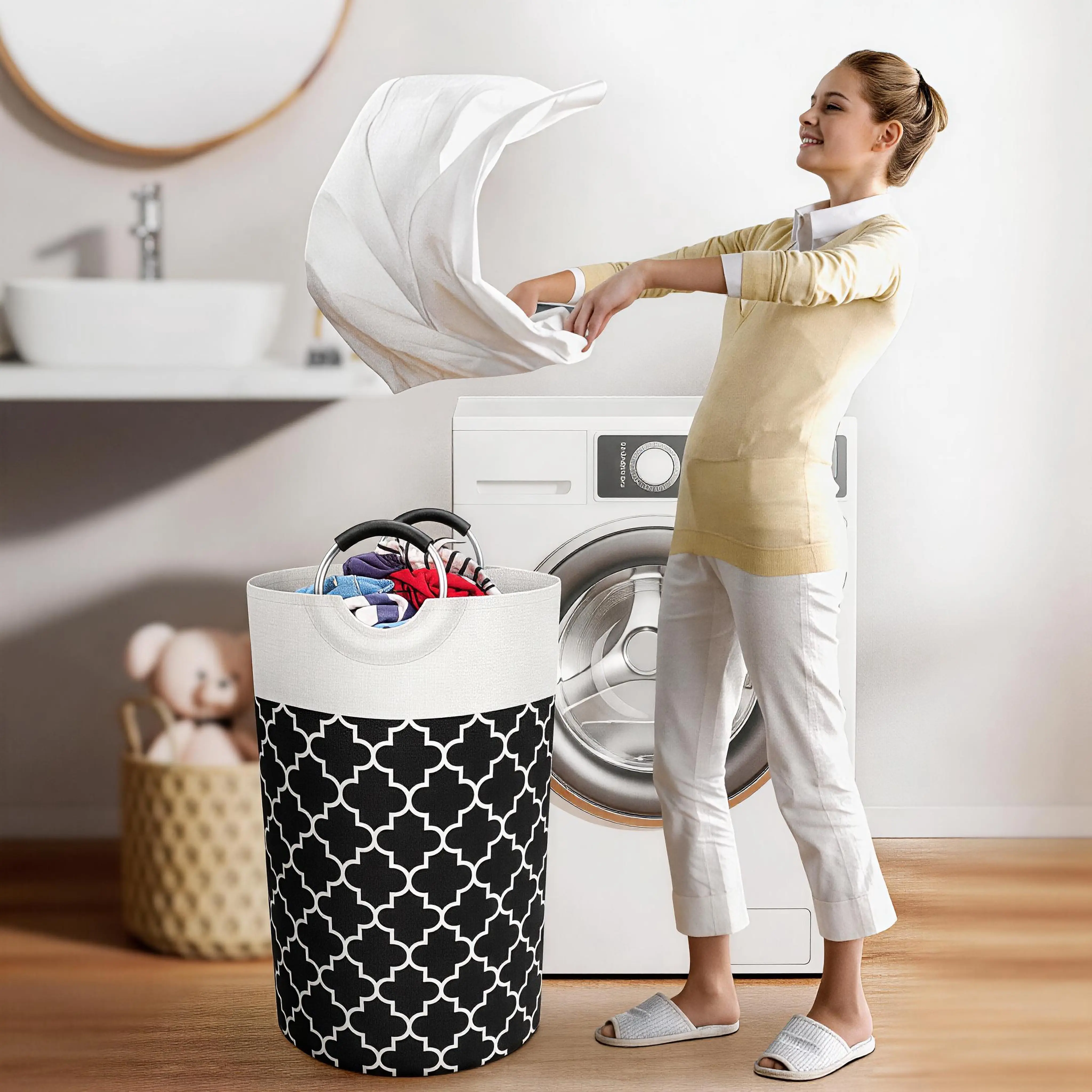 Premium Collapsible Clothes Hamper - Extra Large Laundry Bin with Sturdy Thick Body, Reinforced Carry Handles, Lightweight Stylish Houndstooth Cotton Blends, Waterproof Cover, Single Compartment for Bathroom Home Storage, Extra Large for Daily Washes, Fol