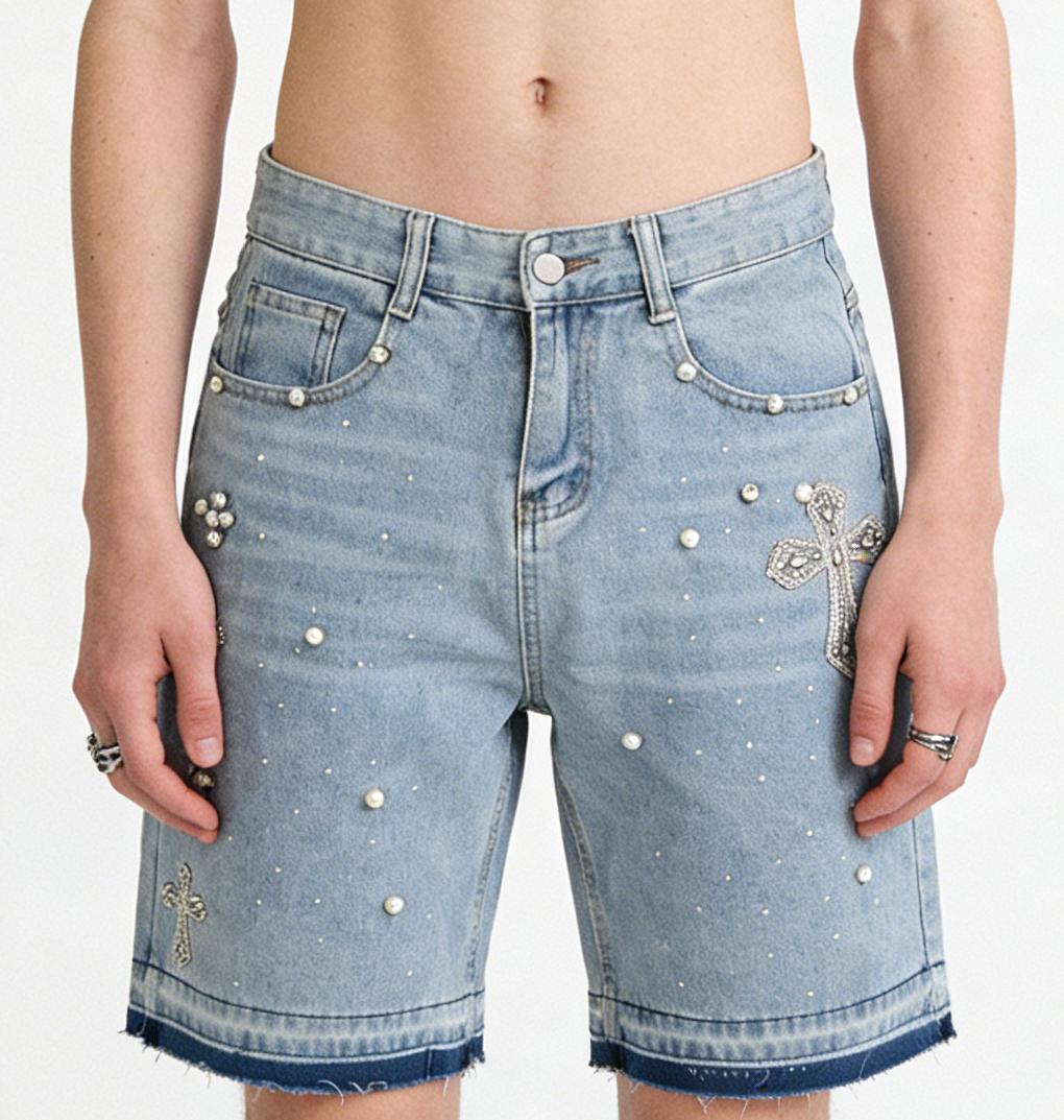 Sopula Studio Men's Hiphop Cross Hot Diamond Jorts Denim Shorts Streetwear Pocket SpringStatements