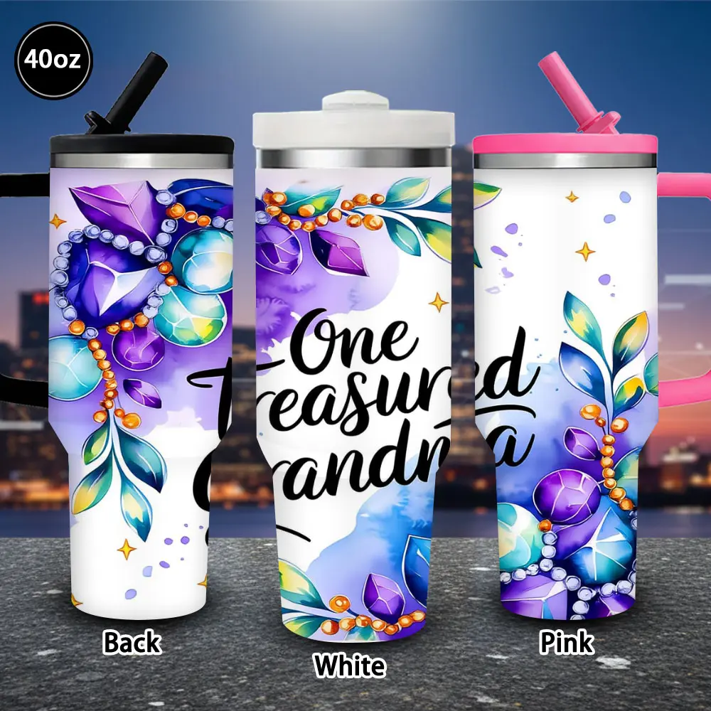 40 oz Portable Vibrant Gemstone Art Vacuum Flask Tumbler (1 Pc) - Grandma Cup with Lid and Straw, Winter Insulated Travel Mug, Easter/Birthday Gifts for Women, Iced or Hot Coffee Cup, Valentine’s Day