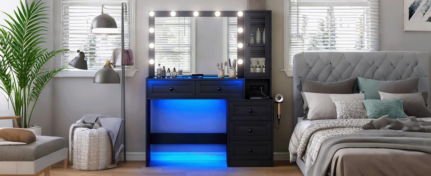 HuaYing 43" Makeup Vanity Desk with RGB LED Mirror & 11 Lights, 5 Drawers, 3 Lighting Modes, Adjustable Brightness, Built-in Charging Station & Power Outlets, Modern Dressing Table for Bedroom HuaYing 43" Makeup Vanity Desk with RGB LED Mirror & 11 Lights, 5 Drawers, 3 Lighting Modes, Adjustable Brightness, Built-in Charging Station & Power Outlets, Modern Dressing Table for Bedroom