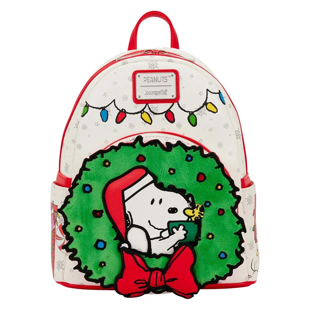 Loungefly Peanuts Snoopy & Woodstock Holiday Mini Backpack, Stylish Faux Leather Daypack with Plush Wreath, 3D Bow and Glitter, Stylish Daypack, Purse, Collectibles, Zip, Female, Graphic, Character Backpacks, Candy Cane Stripes, Casual, Basic, Hand Wash O
