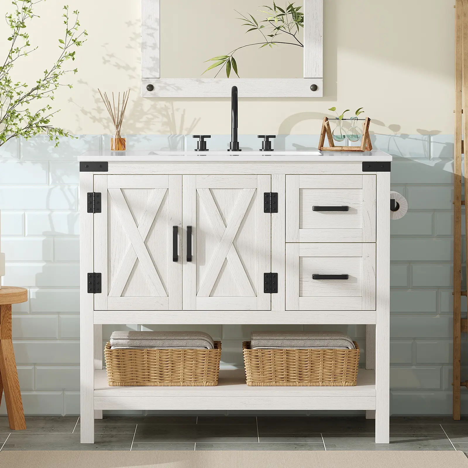[Ships in 2 Boxes] AMERLIFE 23.4"/36"/48"/60" Farmhouse Bathroom Vanity with Sink Combo, Wood Barn Door Freestanding Small Single Bath Storage Cabinet Set with Sliding Drawers & Open Shelf, Paper Towel Holder[tiktokshopbacktoschool][SohoChic]