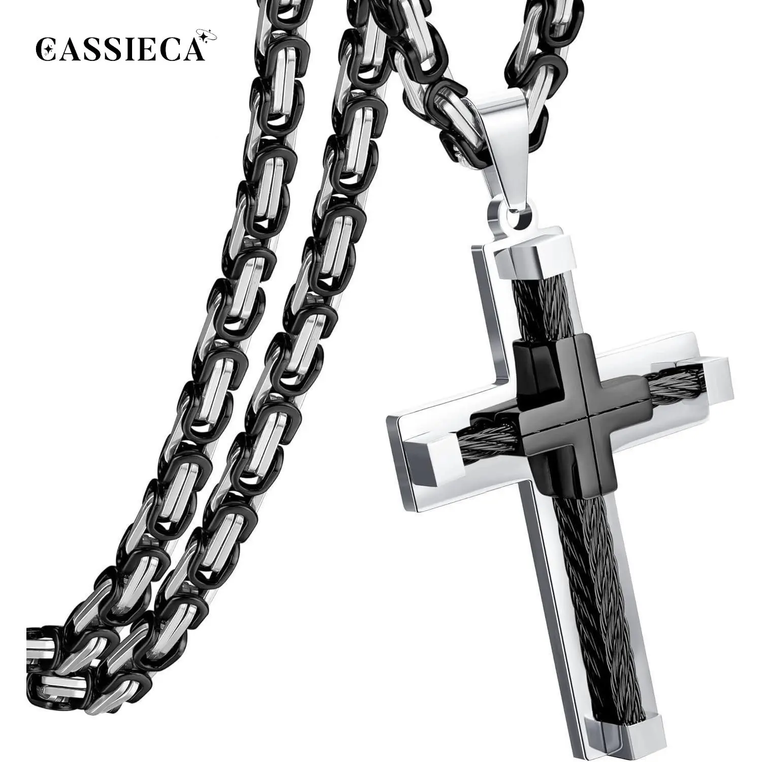 CASSIECA Men's Stainless Steel Large Cross Necklace - Byzantine Chain Pendant (Silver/Gold/Black), 61cm Long Length Statement Crucifix Necklaces for Daily Wear Fashion Accessories