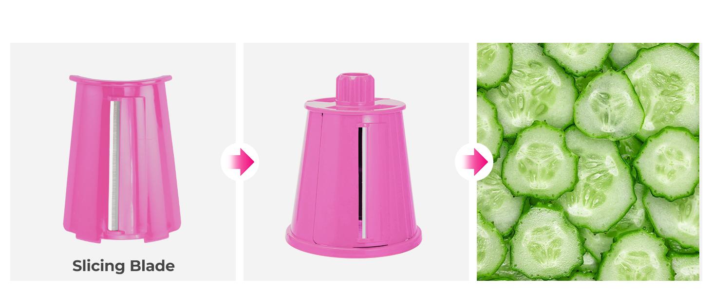 SUSTEAS Rotary Cheese Grater with 5 Replacement Blades Strong Suction Cup Base BPA Free Compact Design for Easy Cleaning Kitchen Utensils Pink - Mandoline Slicer Vegetable Cutter Vegetable Fruit Cutter