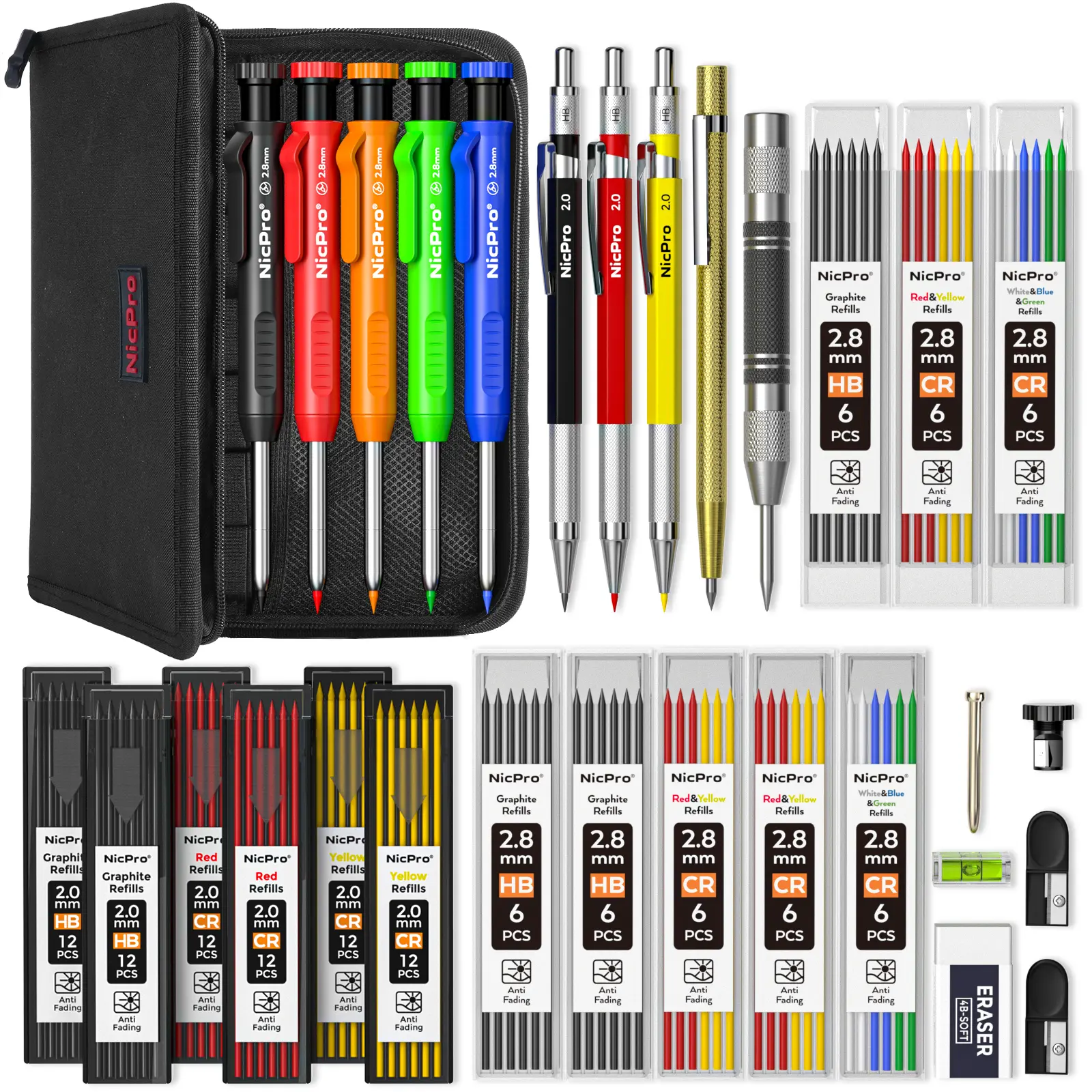 Nicpro 31 Pack Carpenter Pencil Set with Sharpener, Mechanical Carpenter Pencils with 128Pack Refills and Carbide Scribe Tool, Heavy Duty Construction Pencils for Architect Woodworking-With Canvas Case,back to school,back to school shopping
