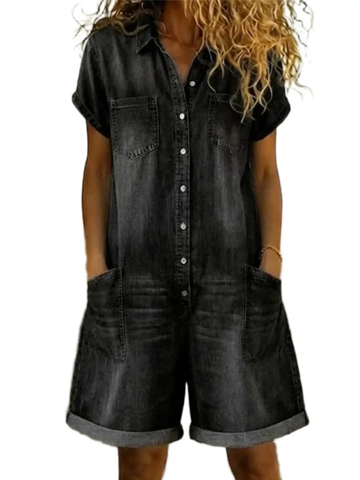 Womens Denim Romper Short Sleeve  Collar Button Vintage Wash Utility Wide Leg Casual Streetwear
