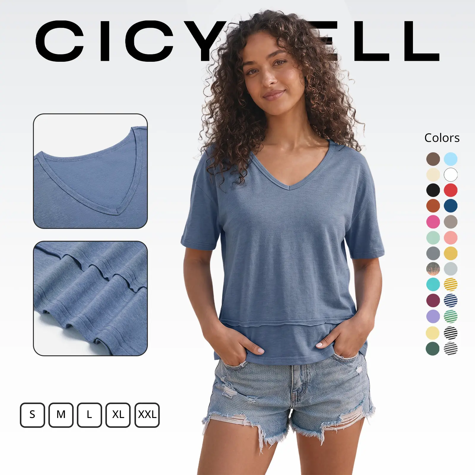 Cicy Bell Women's Summer Flattering V Neck T Shirts, Loose Oversized Short Sleeve Flowy Basic Tops Premium Blend Soft Fabric Hide Belly Casual Daily OOTD Tees for Beach Vacation Everyday Outfit