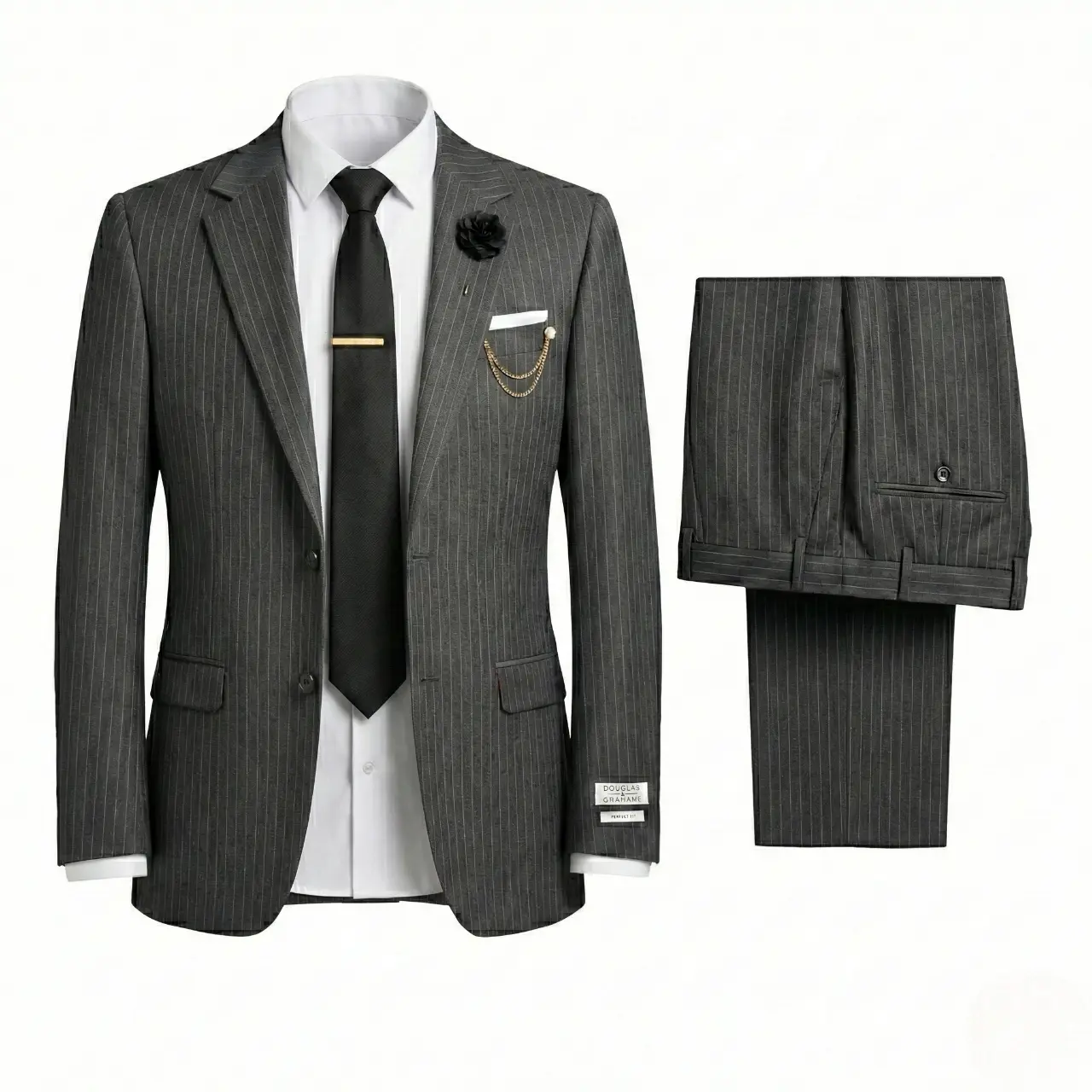 Douglas & Grahame Men's 2-Piece Pinstripe Wool Suit, 98% Wool 2% Lycra, Lightweight Perfect Fit Jacket and Pants for Business, Weddings and Formal Events