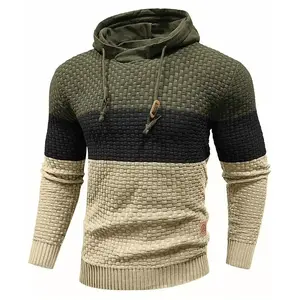 Men's hooded sweatshirt, tricolor long sleeved solid color knitted hooded sweatshirt, pullover sweater, Christmas gift