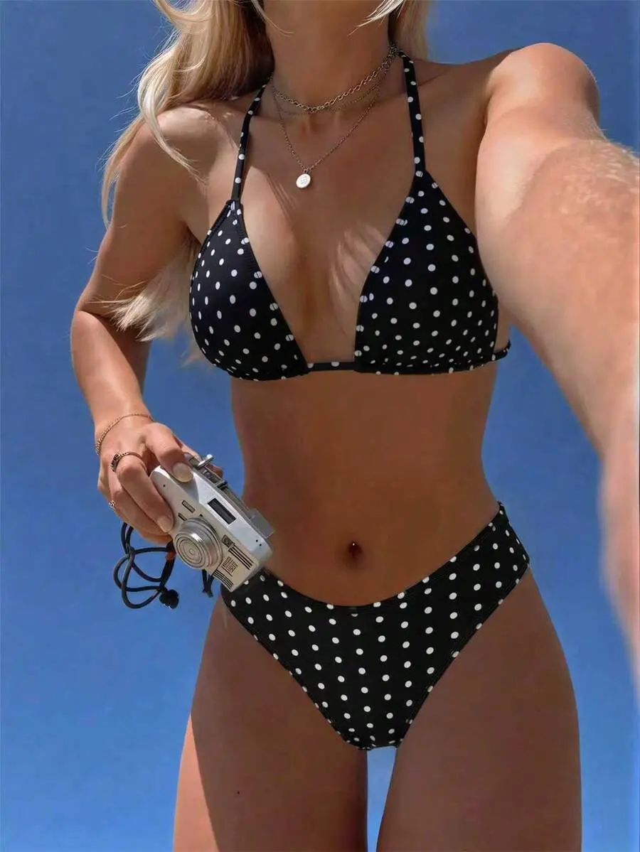 Swim Vcay 2026 Spring/Summer Women's Polka Dot Print Halter Neck Swimsuit With High Cut Bottoms, 2-Piece Bikini Set Beige Swimsuit Seashell Bikini Modest Bikini Set Two Piece Beach Set Sea Shell Bikini