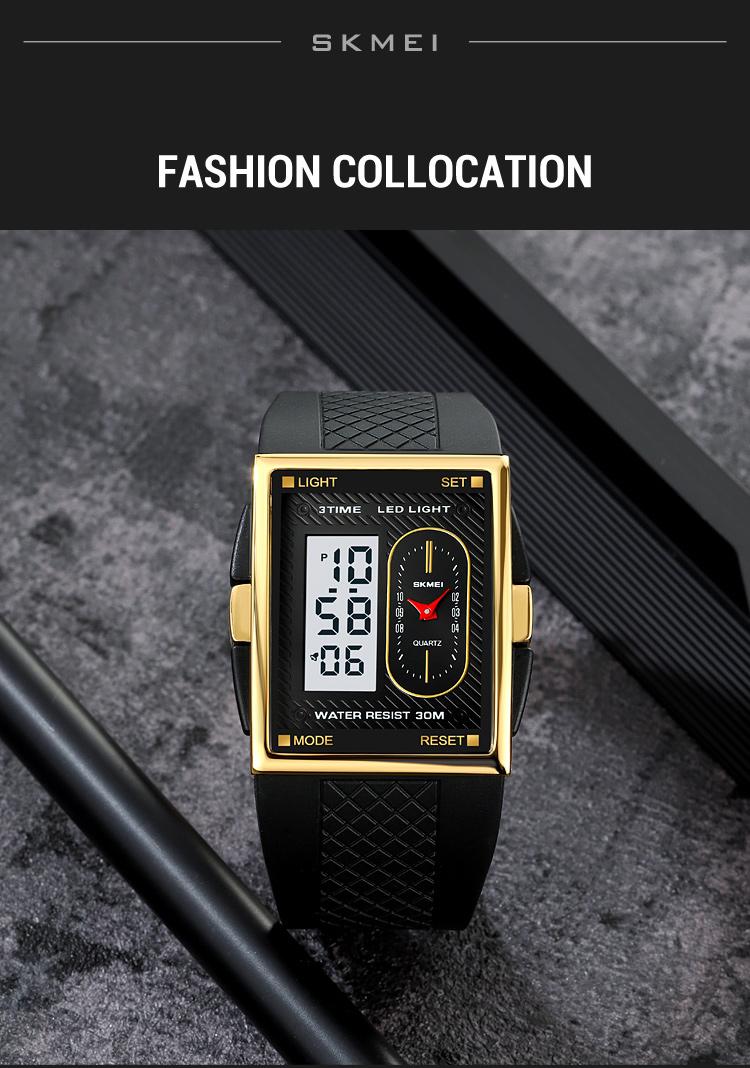 SKMEI Men's Durable Casual Digital Wristwatch - Gold-Dipped, Battery-Operated, 30M Waterproof, Hardlex Glass Dial, Multi-Functional LED, Gold-Accented Metal Frame, Black Band, 3 Time Zones, Stopwatch, Alarm, Date & Week Display, Casual Watch detail 8