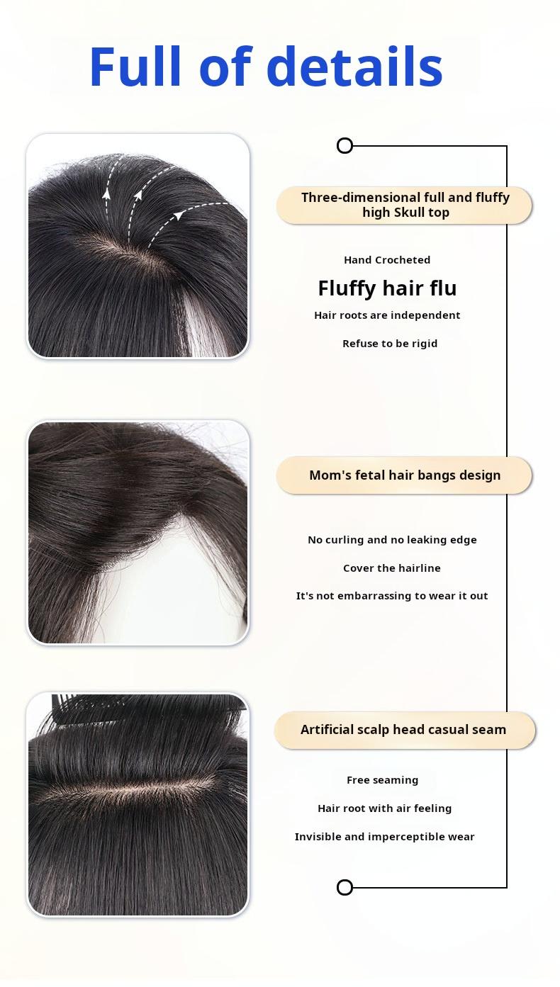 French Air Bangs / Curtain Bangs clip-in hair topper for women  adds volume on top covers gray can part freely natural hairline real bangs Lightweight Breathable Human Hair Topper 250% Density 10-Inch Straight Hair Extension 8*11 Silk Base