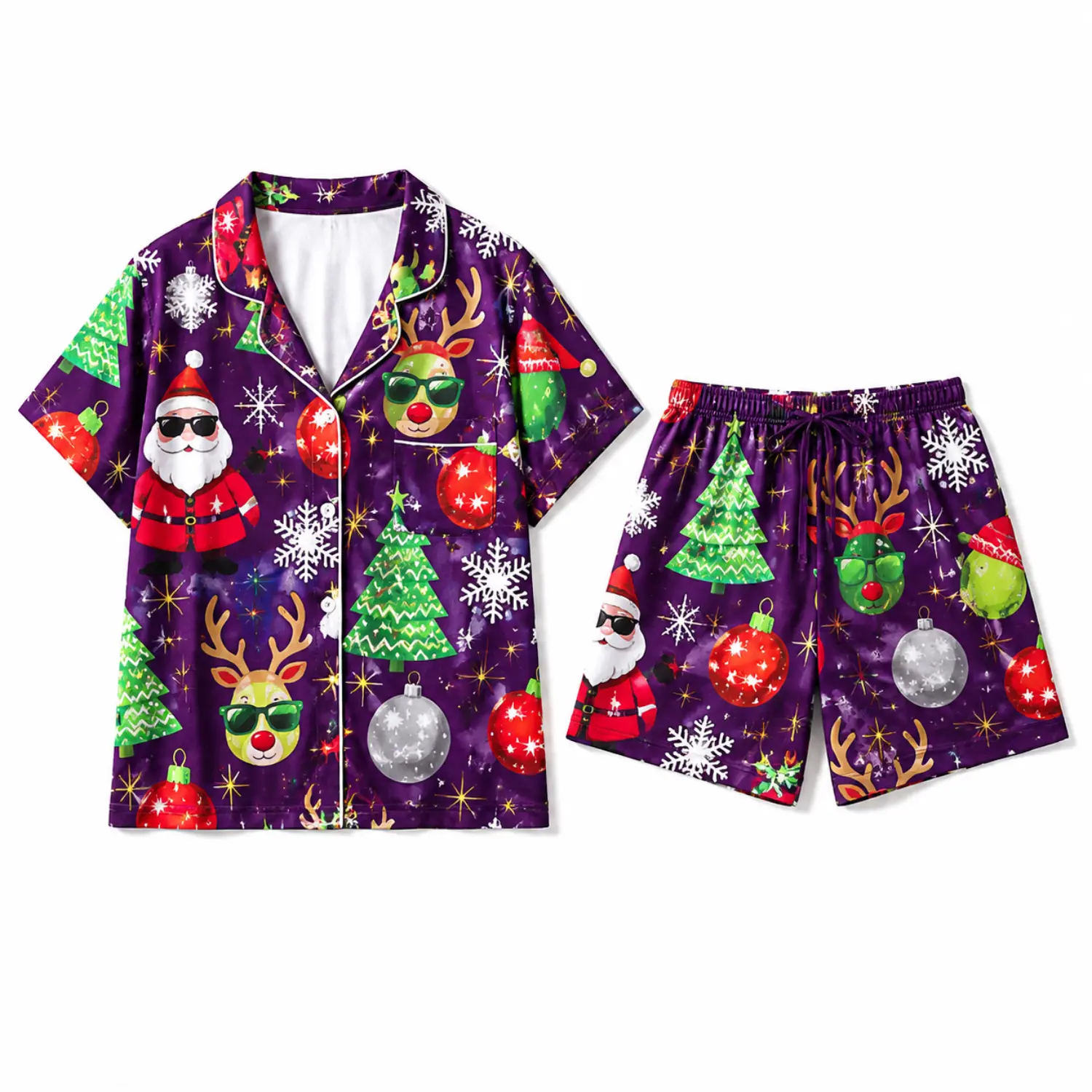 Christmas Print Short-Sleeve Pajama Set with Button-Front Shirt and Elastic-Waist Shorts, Festive Purple Holiday Sleepwear for Relaxed Comfort