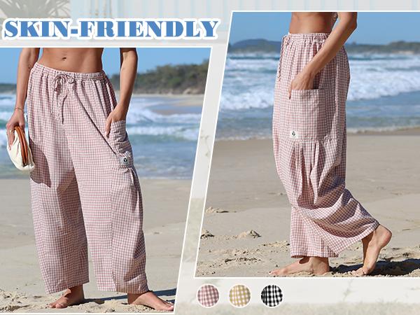 【SS26 Collection】TARSE Womens Wide Leg Gingham Striped Plaid Pants Casual Barrel Loose Drawstring Low Waist Palazzo Harem Pants with Pockets