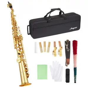 Brass Straight Soprano Saxophone Set with Case, Cork Grease, Cloth, Neck Strap, Brush, Gloves & Reed - Pro-Grade for School Band & Practice