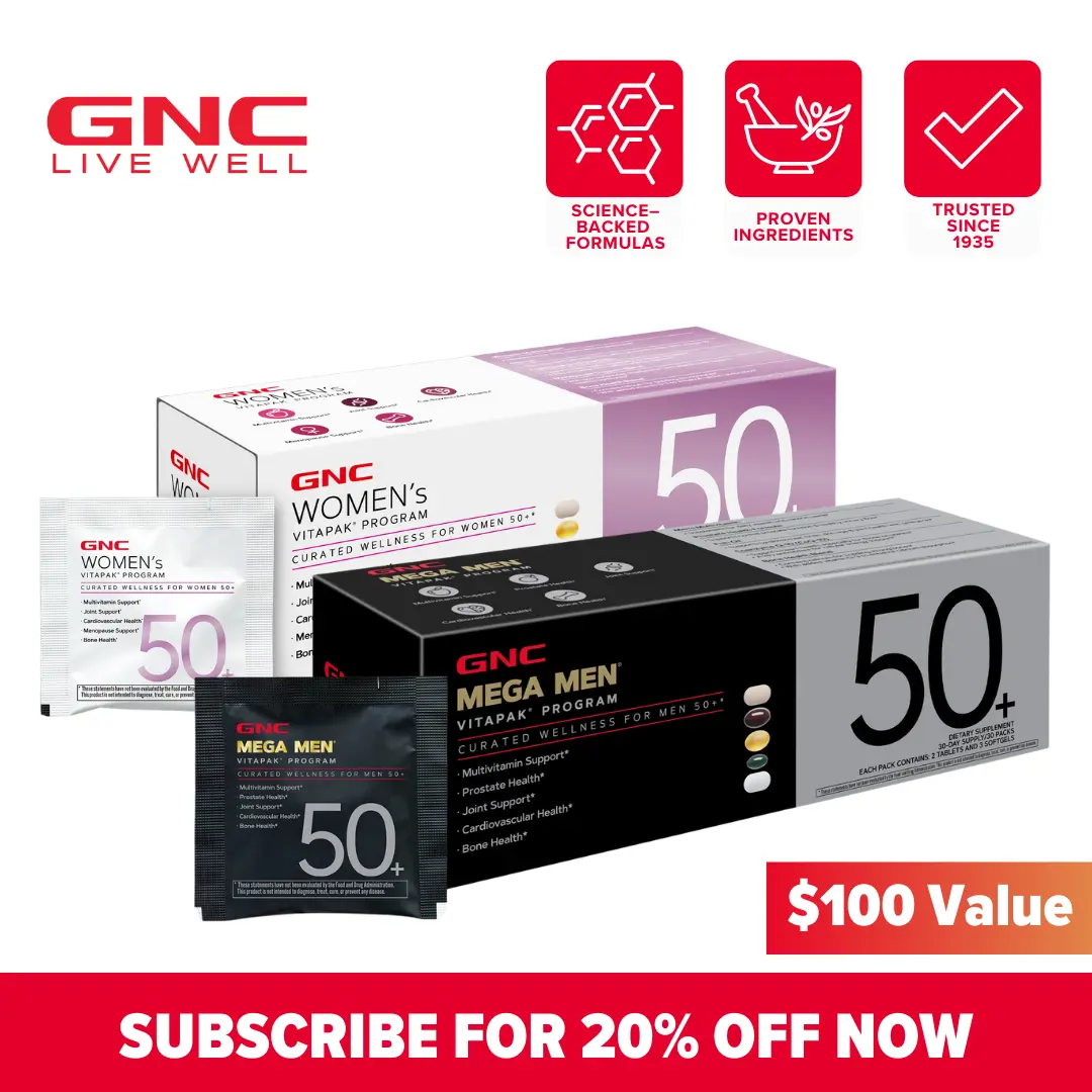 Golden Wellness Bundle: GNC Women & Mega Men's 50+ Vitapak, 5-in-1 Multivitamin Pack, Energy Production, Menopause & Prostate Support, Cardiovascular, Joints, Bone Health Support, Dietary Supplement