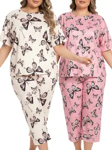 Women’s Plus Size Summer Pajama Set – Two-Piece Double-Tone Short-Sleeve Loose Casual Butterfly Print Homewear Set