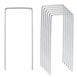 Unique Bargains Garden Stakes Pins U Shape 4" L x 0.08" Dia., Galvanized Landscape Staples Lawn Pegs for Ground Cover Weed Barrier Fabric, Silver Tone Pack of 50