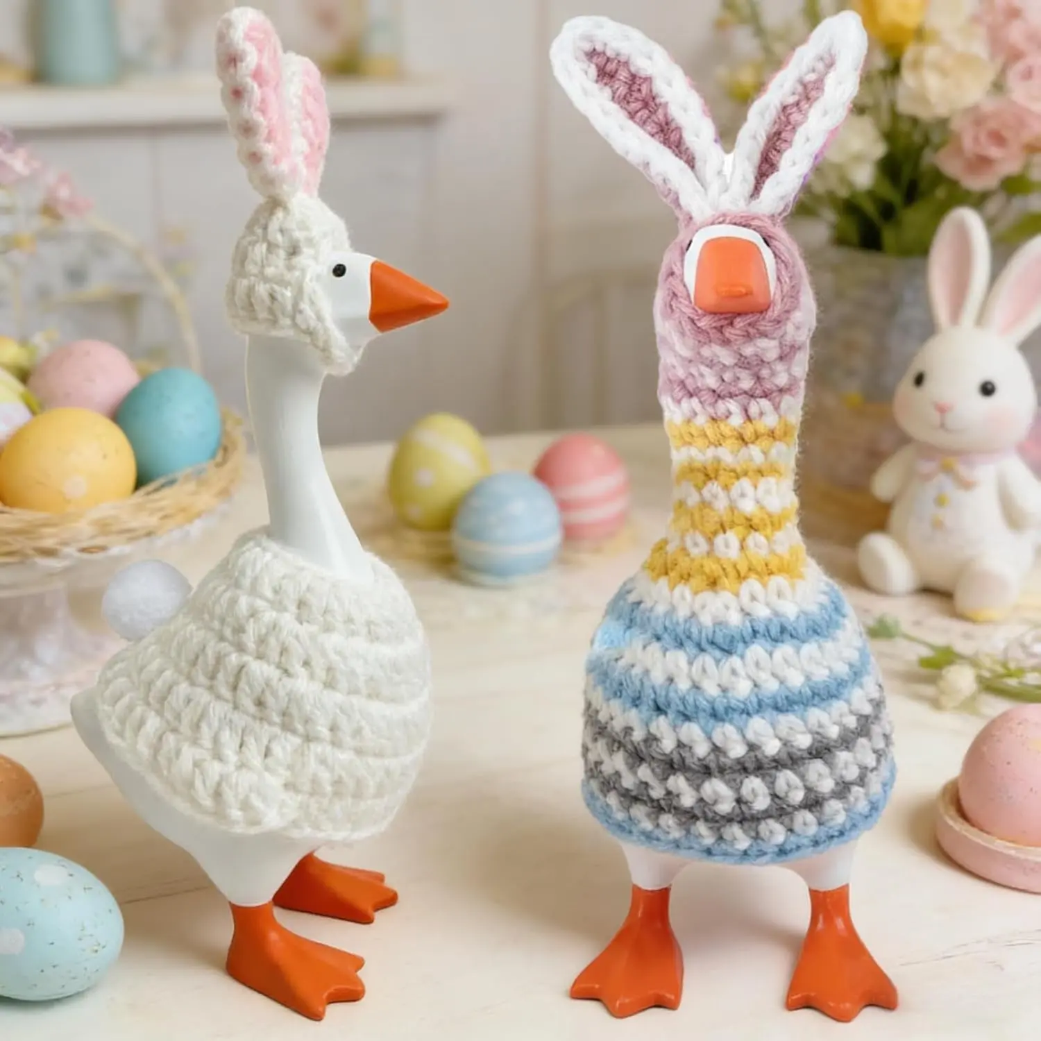 Easter Bunny 7-inch Desktop Goose Set, includes 2 sets of knitted bunny ear magnetic costumes, festive desktop goose statue outfits, perfect for spring holiday parties, home office desktop decorations, and goose lovers' gifts.