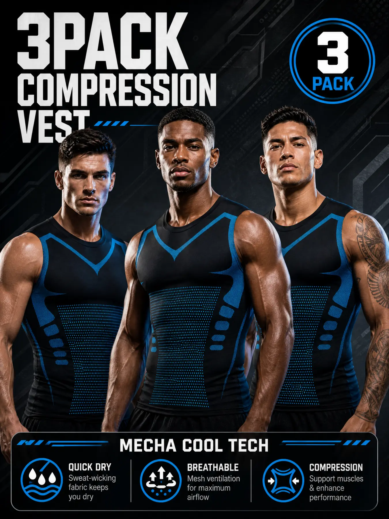 Men's 5-Pack Ice Cool Athletic Fitted Training Vest, Quick-Dry 3D Compression Sleeveless Compression Shirts, Gym Activewear for Fitness
