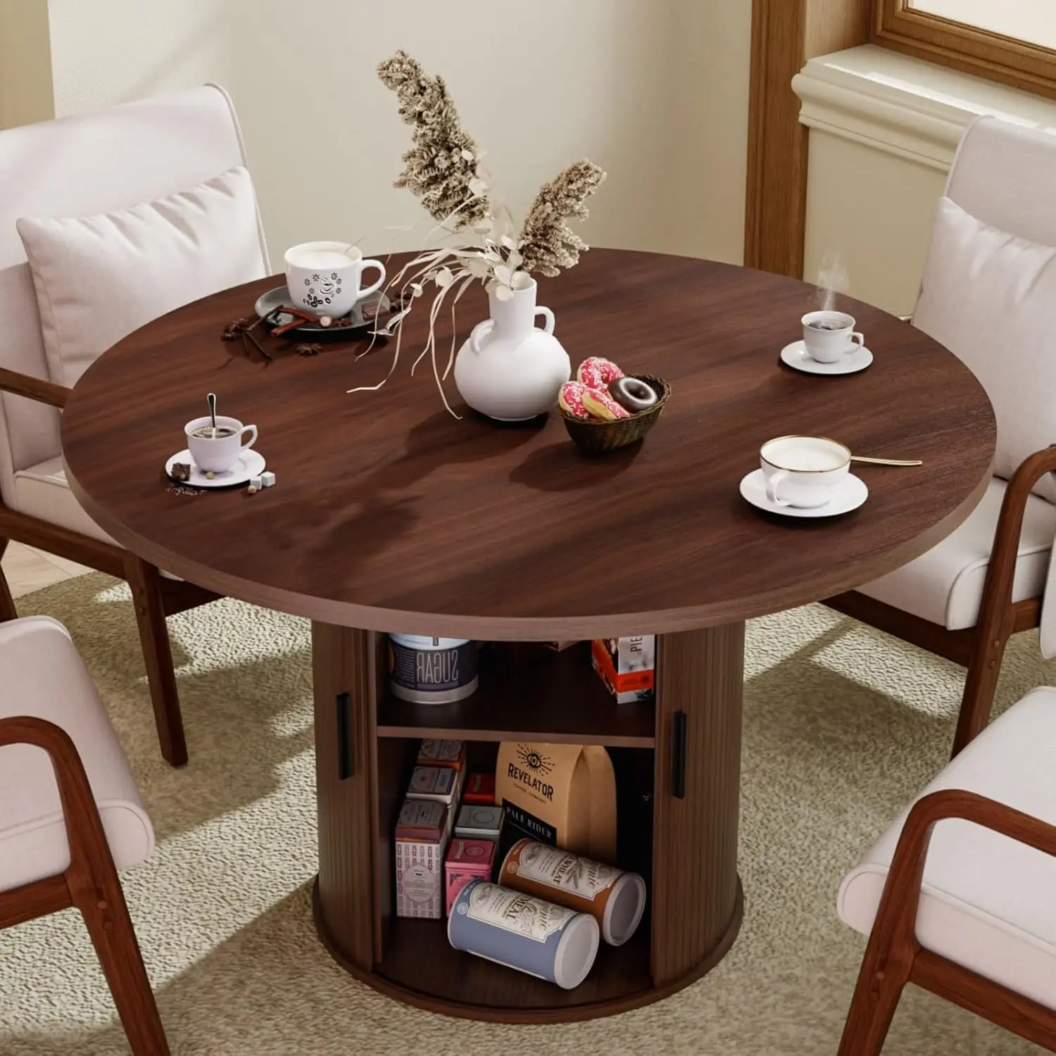 HOMMPA 48'' Round Dining Table for 4 Kitchen Dining Table with Storage Dinner Table with 2-Layer Shelf and Wood Slide Door for Home Dining Room Living Room Dark Walnut