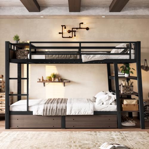 [Bellemave]Twin /Full Size Metal Bunk Bed with Storage Shelves , LED light strip, and USB power strip, black