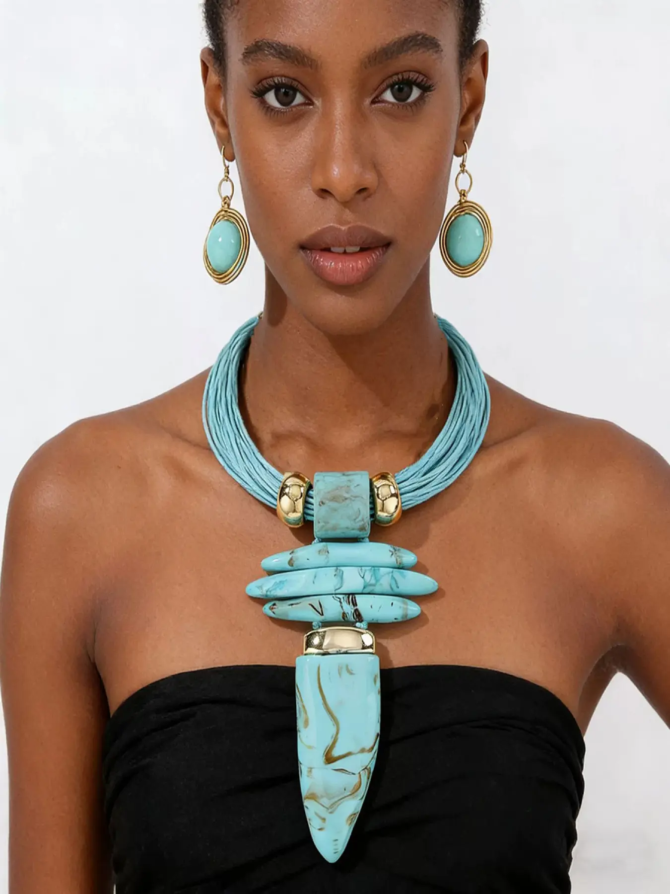 Bohemian Fashion Exaggerated Resin Scepter Lucky Stone Pendant Necklace Earring Matching Casual Earrings Set Jewellery