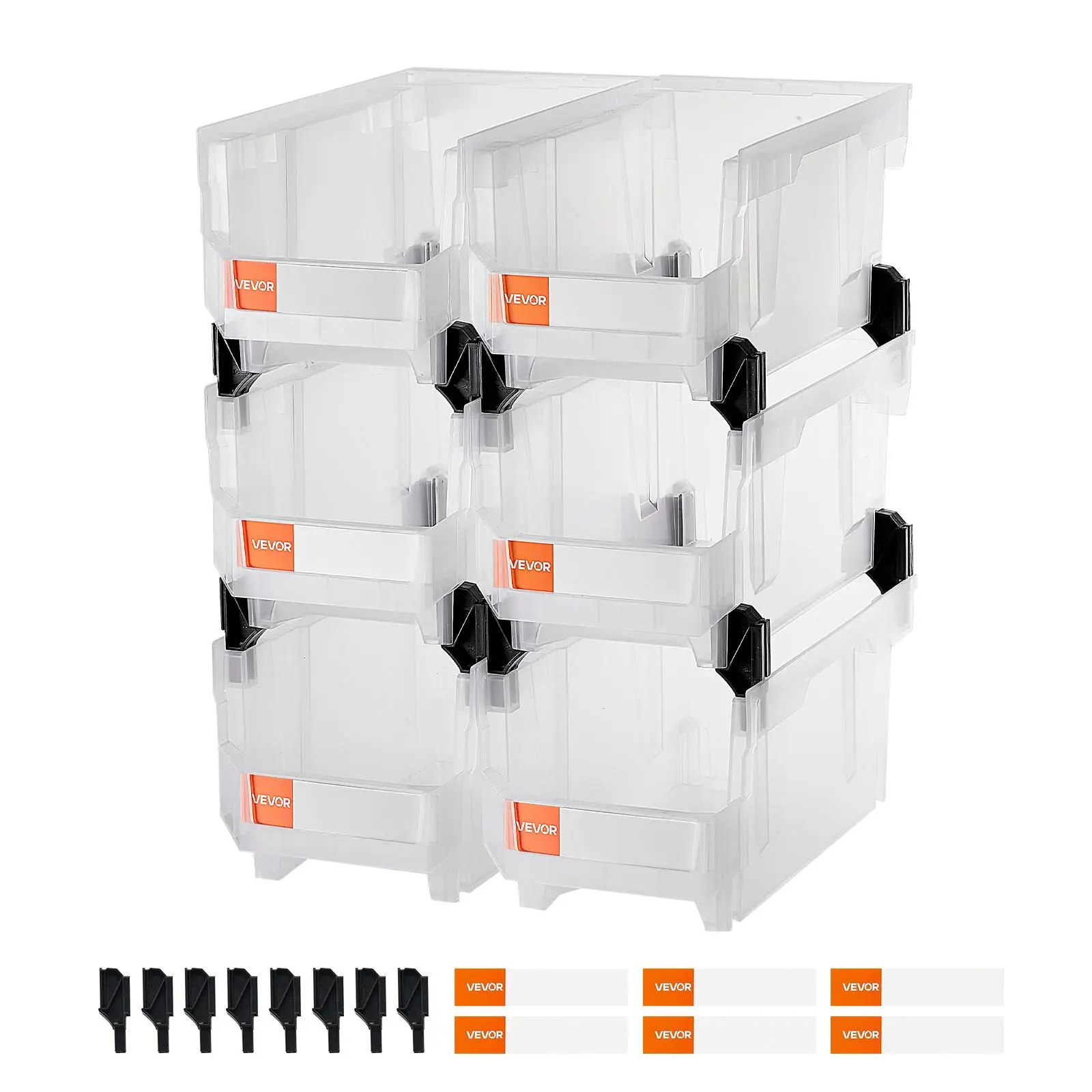 【Summerfinds】VEVOR Stackable Storage Bins - 6 Pack Transparent Plastic Space Saving Storage Boxes (14.8x8.5x7.1in) with Label Stickers for Playrooms, Closet, Home Supplies Organization, Stackable Storage Box, Reinforced Pillars