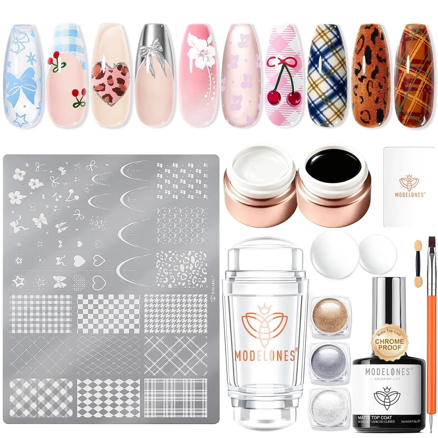 Modelones 16Pcs Nail Stamping Kit French Tip Stamper Plaid Nail Stamp Plate | White Black Stamp Gel Polish Chrome Powder Matte Top Coat Scraper Gingham Template Dual Nail Art Brush Stamp Silicone DIY