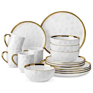 LOVECASA Ceramic 12/16 Pieces Plates and Bowls Sets, Porcelain White and Gold Dinnerware Sets, Round Dinner Plates Dishes Set Service for 4, Dishwasher Safe and Scratch Resistant, White