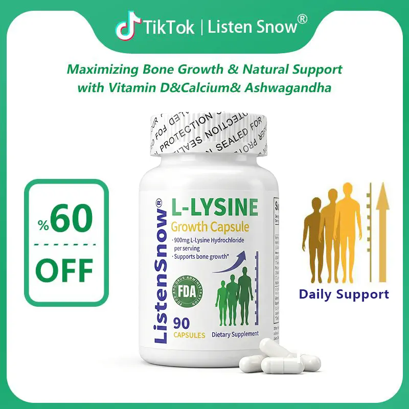 Listensnow Growth Capsules L-LYSINE Height Increase Maximizer with Calcium for Bone Strength -Natural Get Taller Supplement