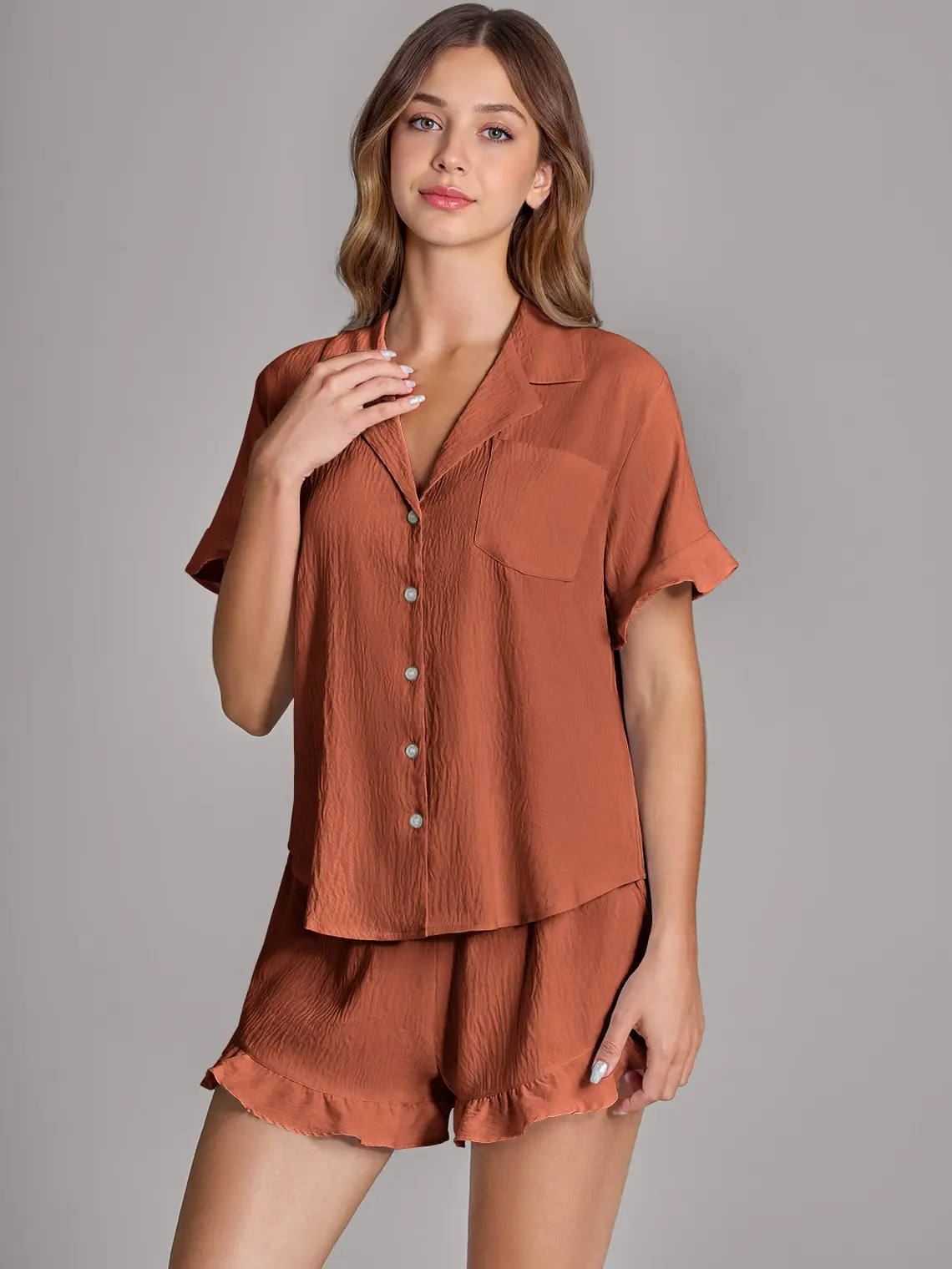 AZAZIE Pajama Set, Women's Romantic Ruffled Cloud-Soft 2-Piece Short-Sleeve Top and Shorts Nightwear for Bridal Party