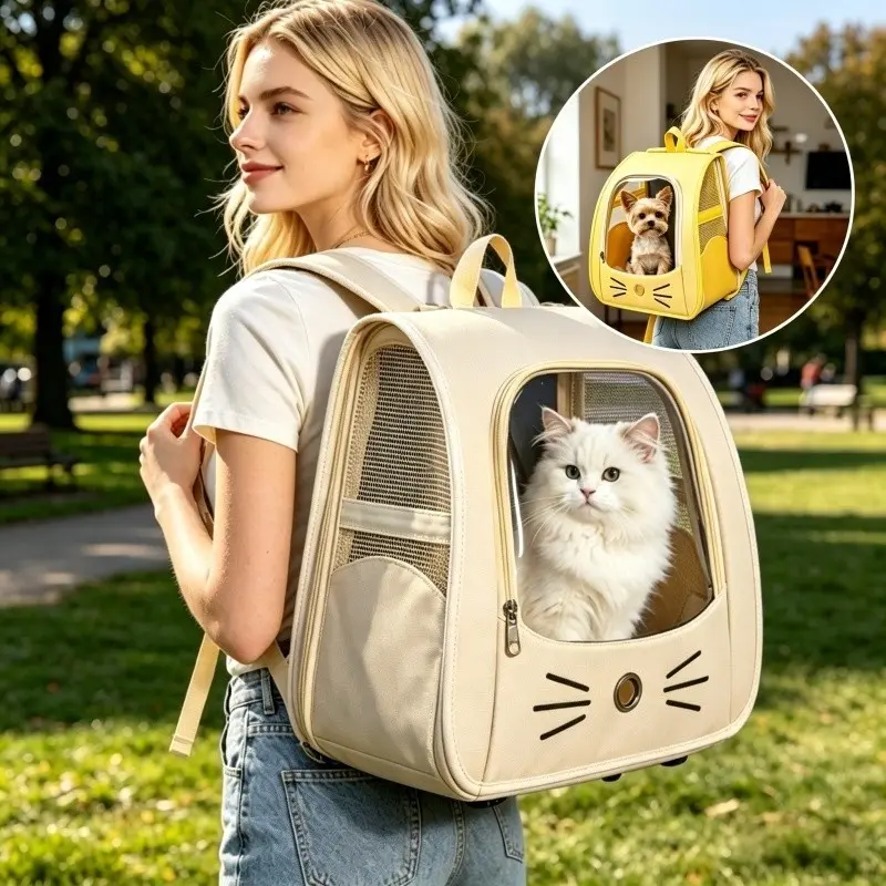 Transparent Bubble Window Cat Face Design Pet Backpack, Wide Strap Foldable Breathable Dog Bag, Ideal for Festive Occasions, Comfortable Travel Essential, Animal Carrier, Puppy Carrier