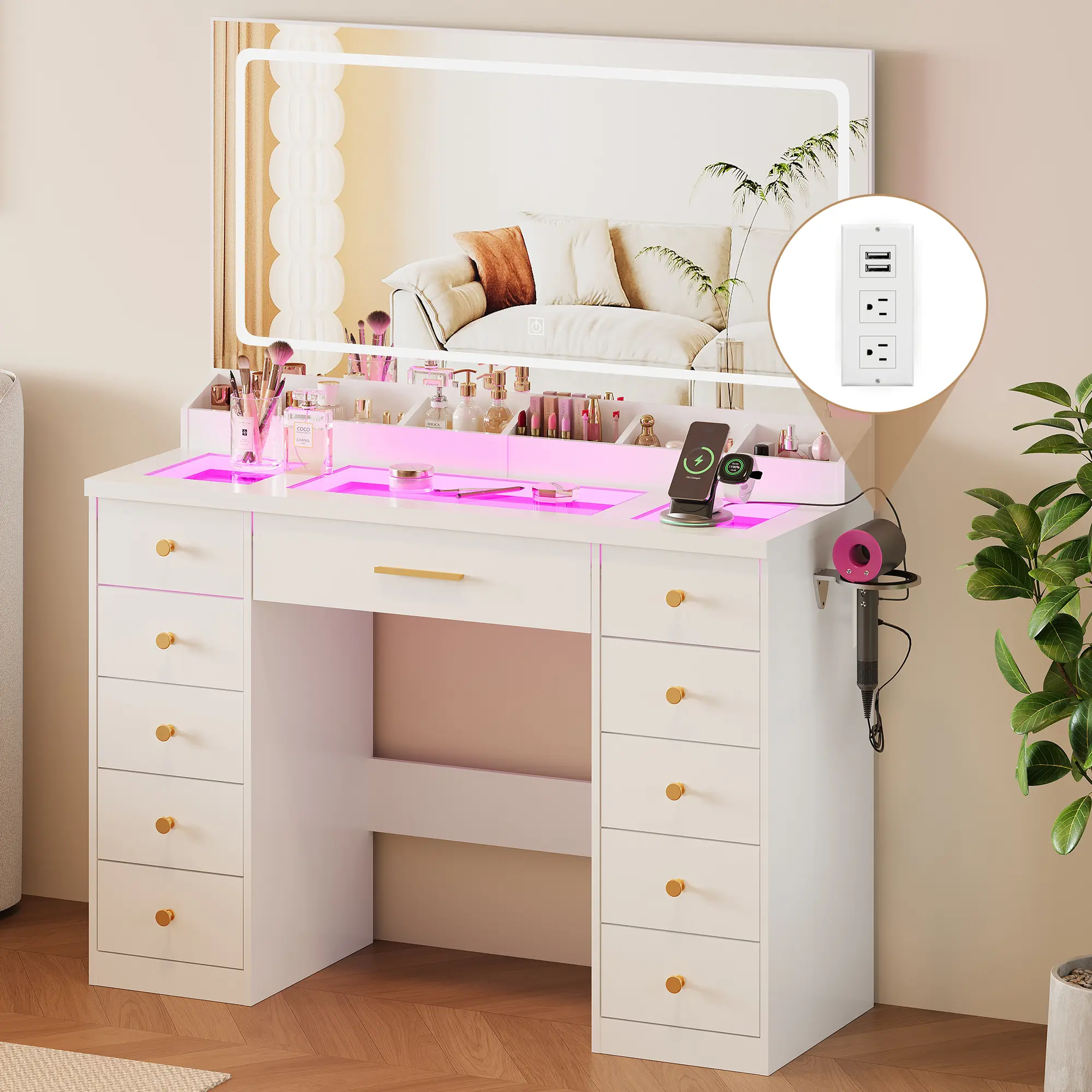 LAKEMID 58.3-inch LED Illuminated Large Mirror Vanity Table, Glass Top Dressing Table with RGB Ambient Lights, 11 Drawers, Power Outlet, Desktop Storage Compartments, 3 Lighting Modes, Bedroom Storage Table, Vanity Desk for Girls/Women (White) Vanity Make