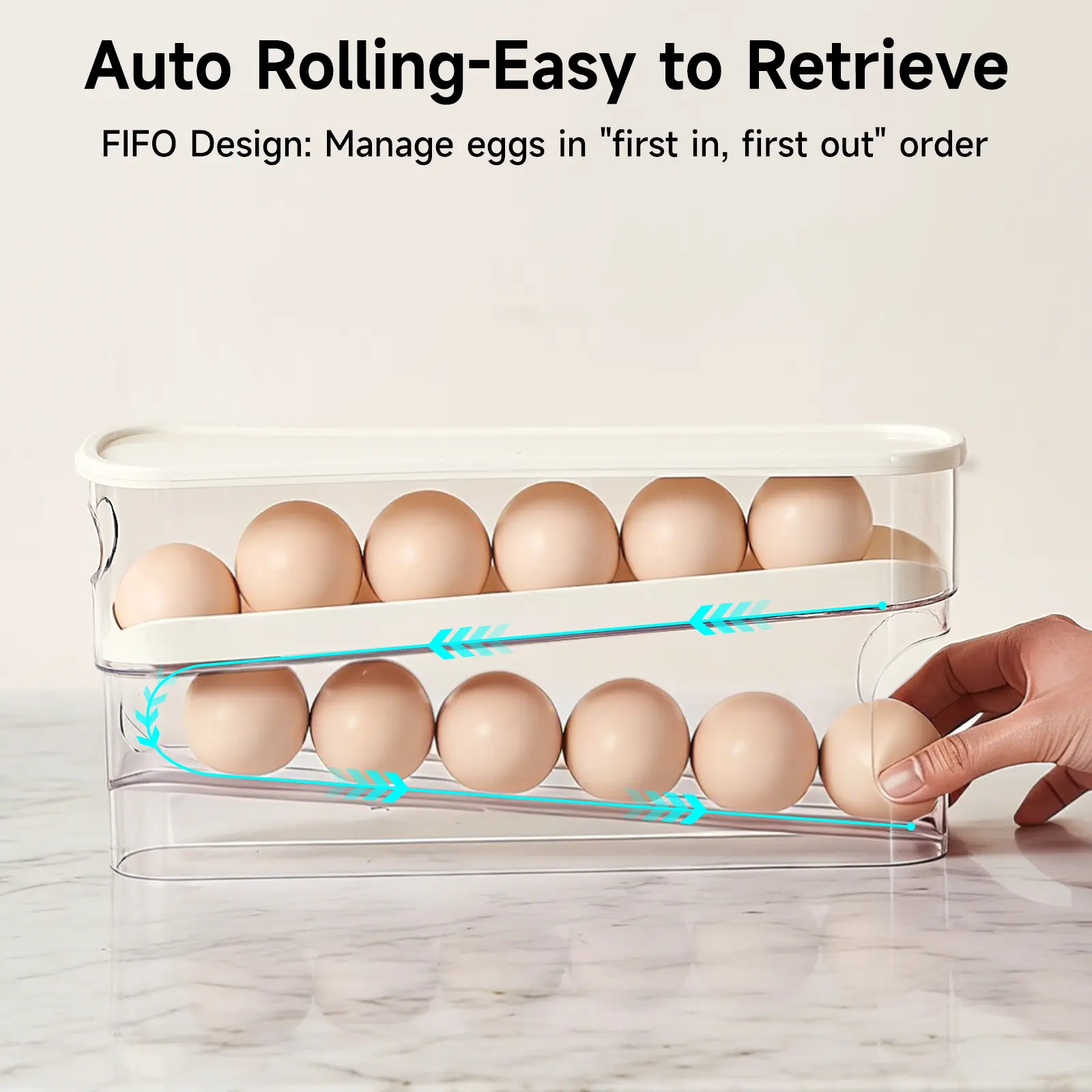 Automatic Egg Dispenser for Refrigerator, Auto-Rolling Egg Organizer with Lid & Handle, Slim Kitchen Storage Container for Fridge, Space-Saving Egg Holder for Countertop
