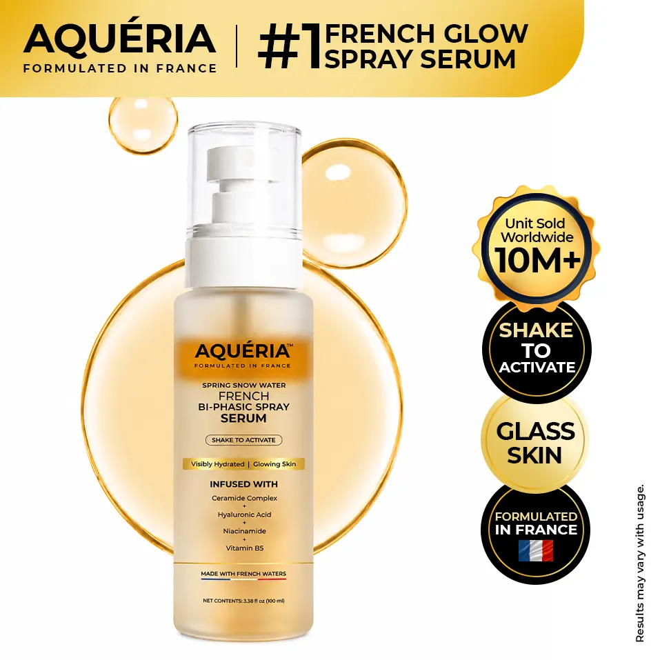 Aqueria French Spray Serum | Hydrated, Glowing skin mist with Hyaluronic Acid, Niacinamide, Vitamin B5 & Ceramides | Barrier Repair + Makeup-Friendly Glass Skin for hydrated, brighter, glowing skin, with French Waters & French actives