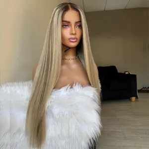 Blonde Highlight Colored Straight 13x6 Lace Frontal Human Hair Ash Blonde Highlight With Light Grey HD Lace Frontal Wig 613 Colored 200% Density For Woman