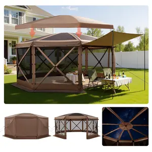 VEVOR Pop up Gazebo Screen Tent, 15 x 15 ft Large 8-Sided Camping Canopy Tent with Removable Top & Carry Bag, Quick-Set & Bite-Proof, Screen House Sun Shelter for 12-15 Persons Backyard Patio, Brown