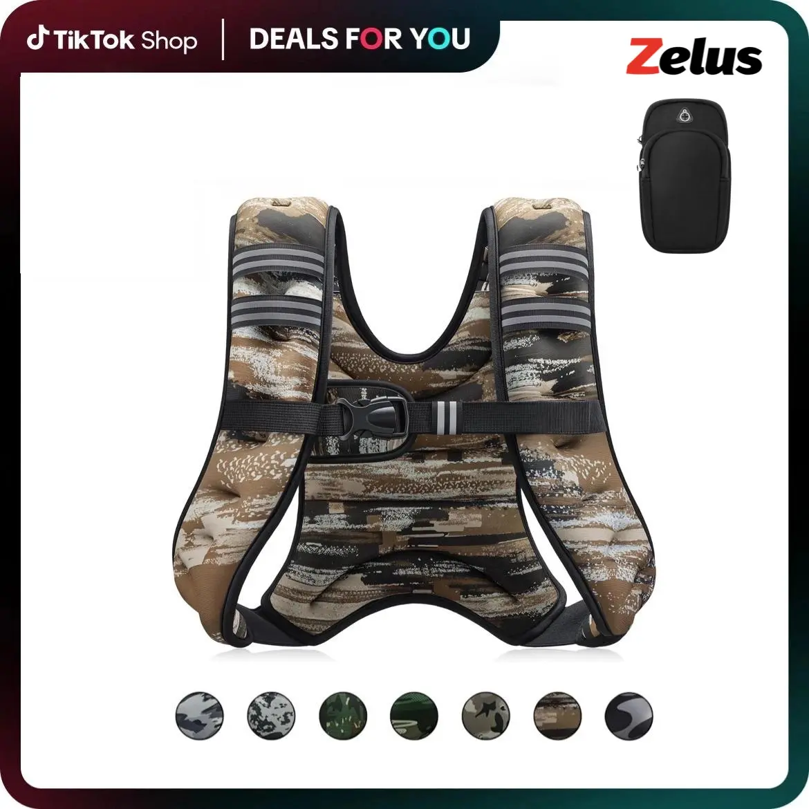 【SummerSale】ZELUS Urban Tactical Military-Style Weighted Vest 6–30lb (Camo) – Streamlined Design with Reflective Stripe, Detachable Phone Pouch&Adjustable Straps|Runcking Vest for Walking & Strength Training, #TikTokShopDealsforYouDays #SummerWins