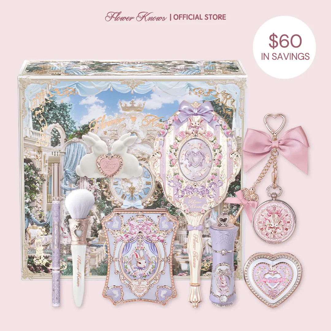 Flower Knows Sweet Routine Set, Bunny Garden 9-Piece Full Face Makeup Kit with 6-Color Palette, Embossed Blush, Gel Eyeliner, and Brush, Ideal Beauty Products Gift for Women