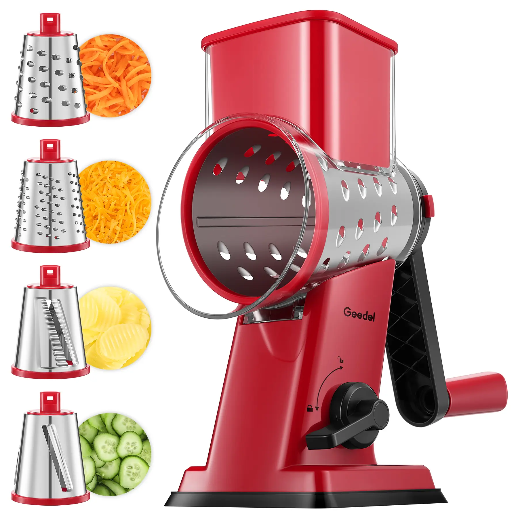 Geedel 4-in-1 Rotary Stainless Steel Cheese Grater - Hand Crank Kitchen Utensil with Extended Handle, 4 Interchangeable Blades, Potato Cutter, Kitchen Vegetable Slicer, Easy to Clean & Store for Cheese, Ham