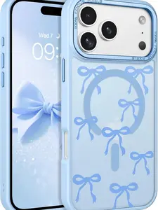 Magnetic for iPhone 17 Pro Max Case with Cute Ribbon Bows Pattern,[Compatible with MagSafe] Translucent Matte Anti-Slip Slim Women Girl Protective Cover for iPhone 17 Pro Max 6.9",Light Blue