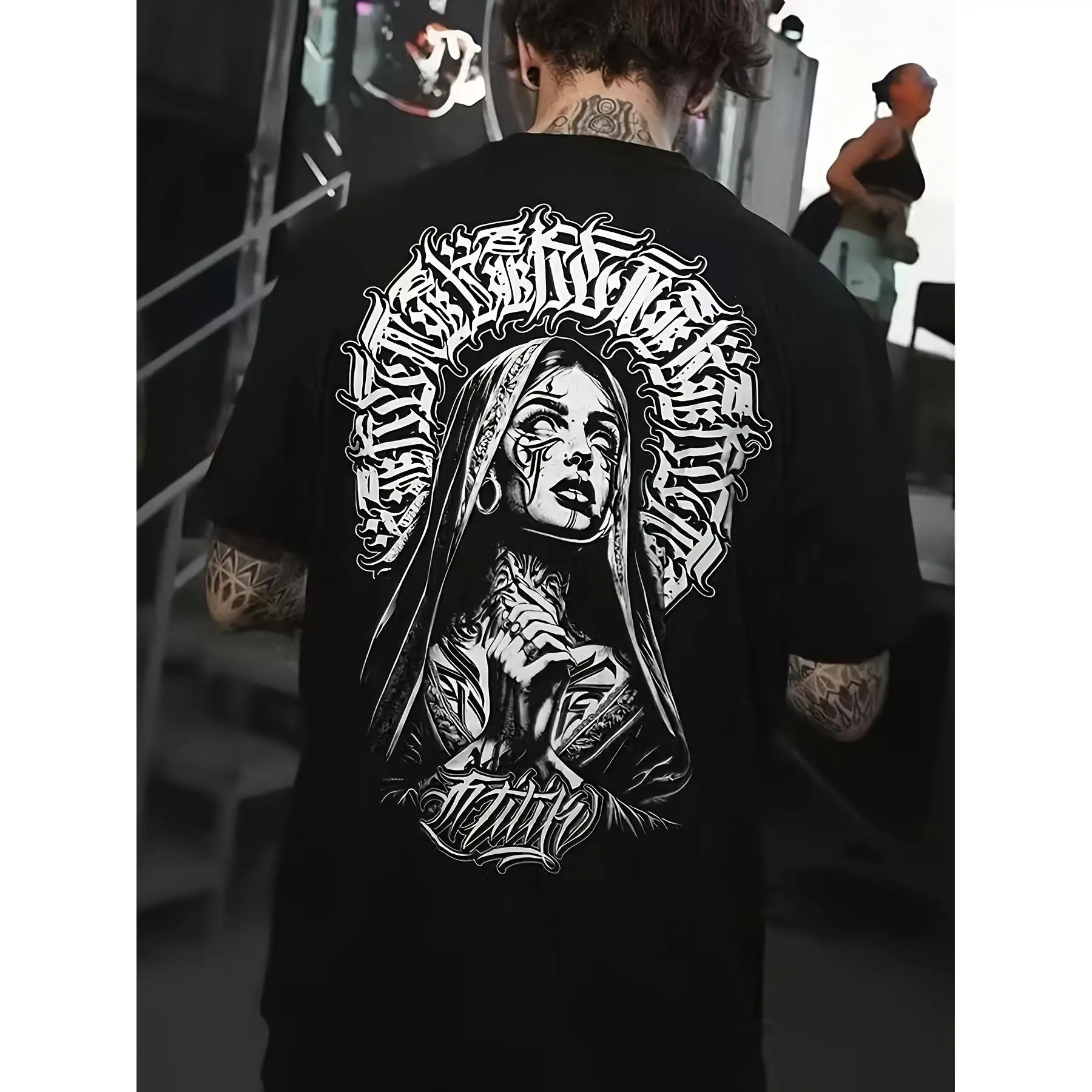 Men's Gothic Chicano Skull Print T-Shirt, West Coast Streetwear Menswear, Shortsleeve Round Neck Graphic Top