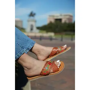 Emma Sandals Brown Leather Summer Shoe for Women with Colorful Embroidery and Comfortable Fit